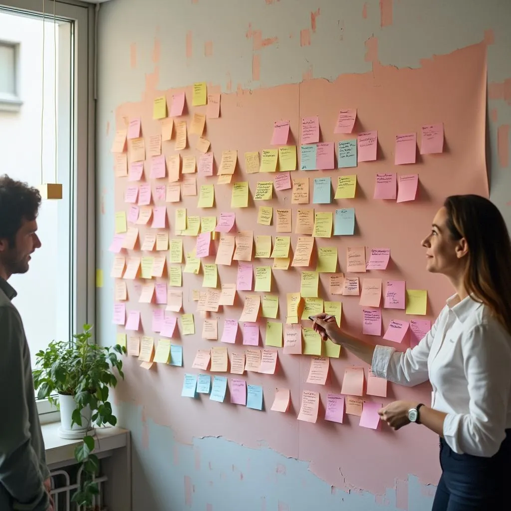 Sesión creativa de design thinking con post-its